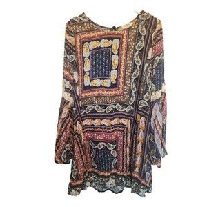 Umgee Womens Multicolored Knee Length Dress Bell Sleeve Tassel Tie Boho Medium